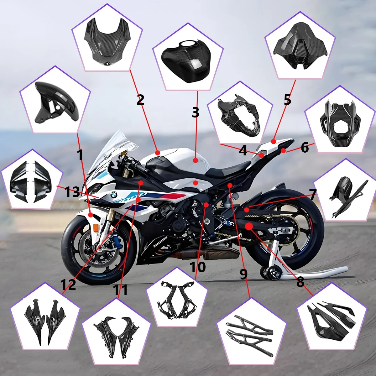

For S1000RR M1000RR 2023 2024 2025 3K Pure Dry Carbon Fiber Winglets Rear Parts Fenders Tank Cover Fairing Kits