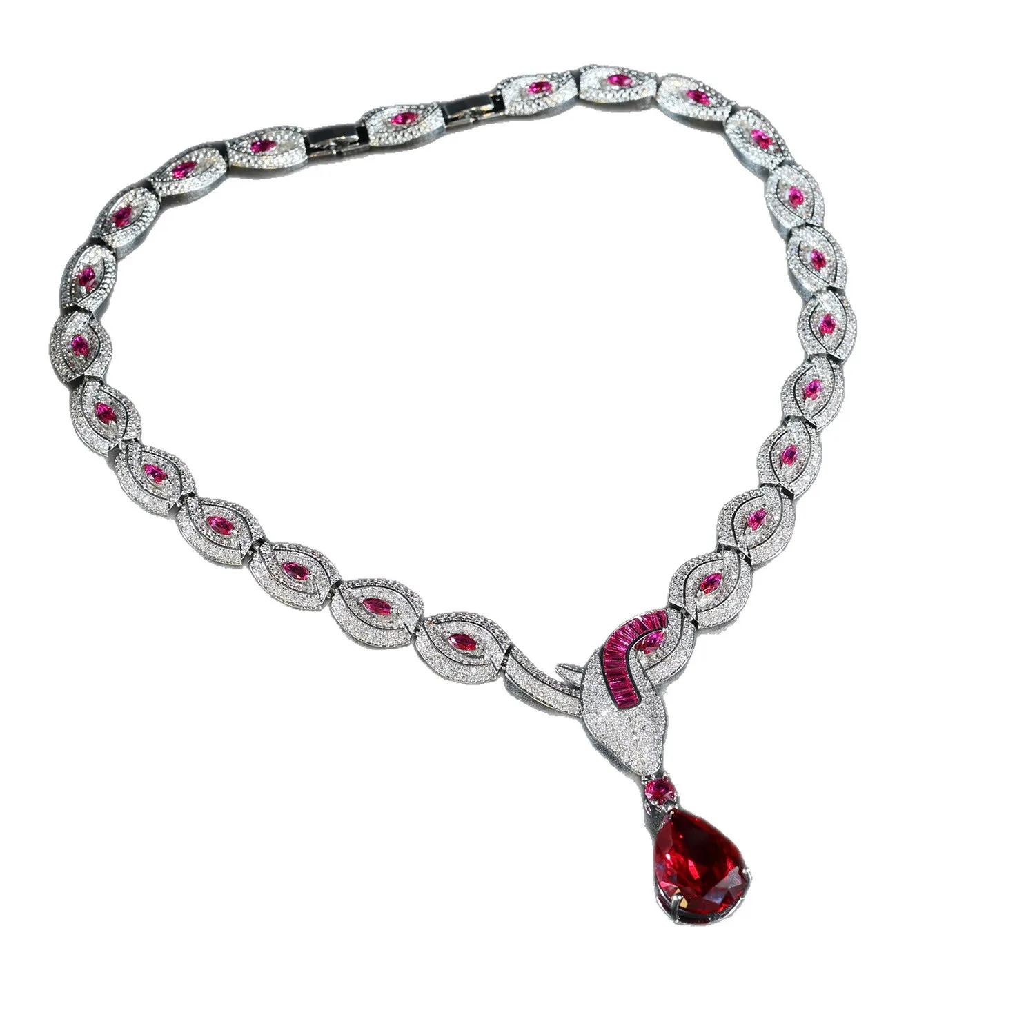 European and American Fashion Necklace & Earrings Set, Red Corundum Zircon, Women's Luxury Style Evening Dress Jewelry Trend