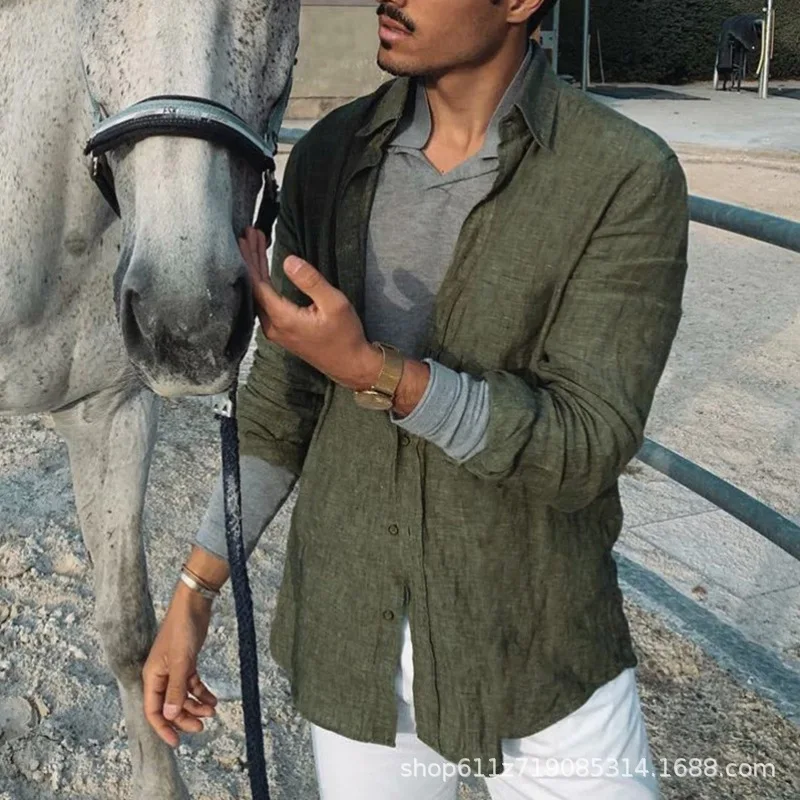 Blouse Men Summer Casual New Solid Color European Loose Pocket Lapel Long-Sleeved Cardigan Beach Shirt Autumn Men's Clothing