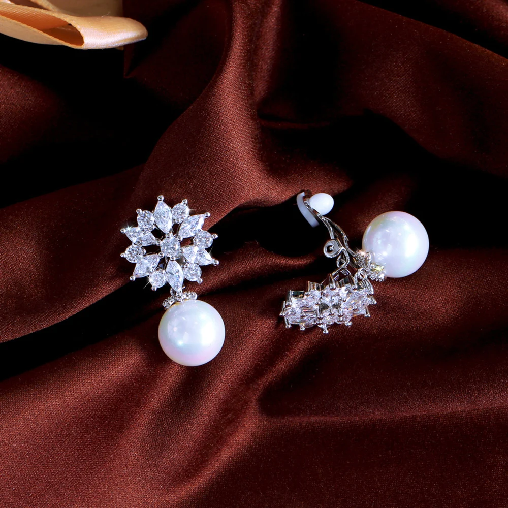 CWWZircons Elegant Cubic Zirconia Flower Pearl No Hole Earrings for Women Fashion Jewelry Ear Clip On Non Pierced Earring EJ0006
