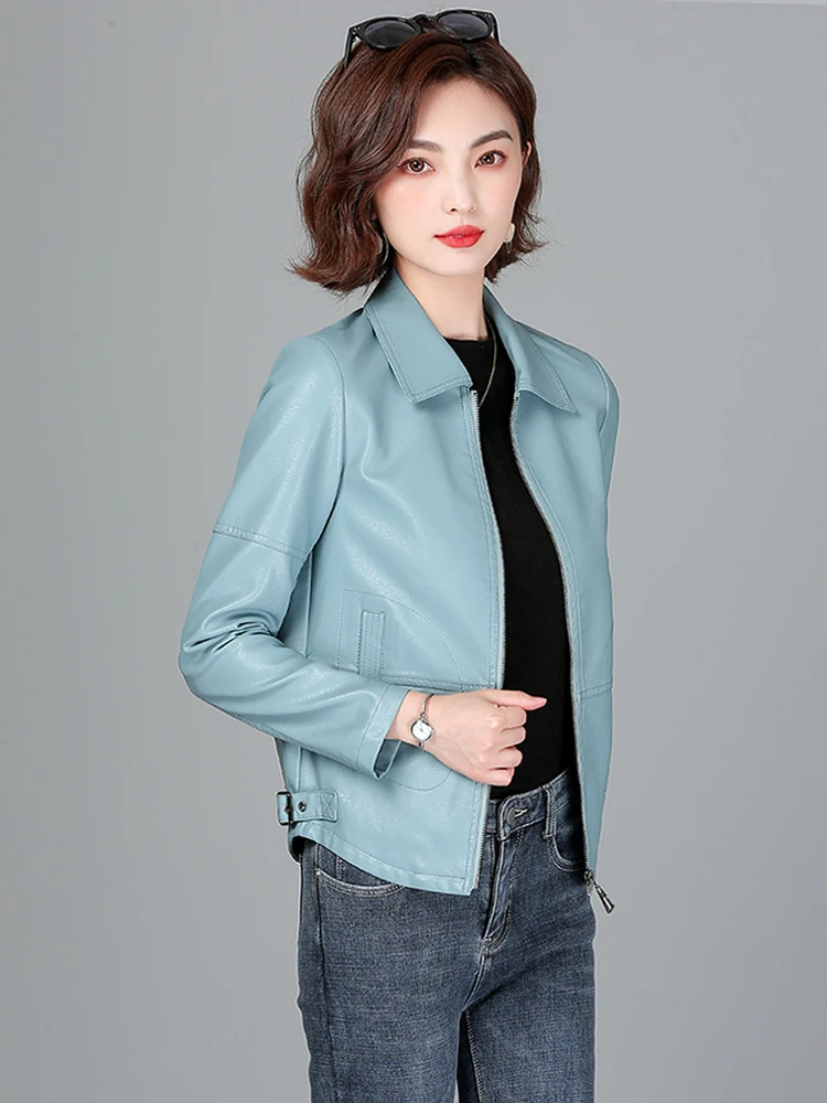 Nieuwe Dames Schapenvacht Jas Lente Herfst 2025, Mode Casual Lange Mouw Korte Rits Leren Jas Losse Split Lederen Bovenkleding