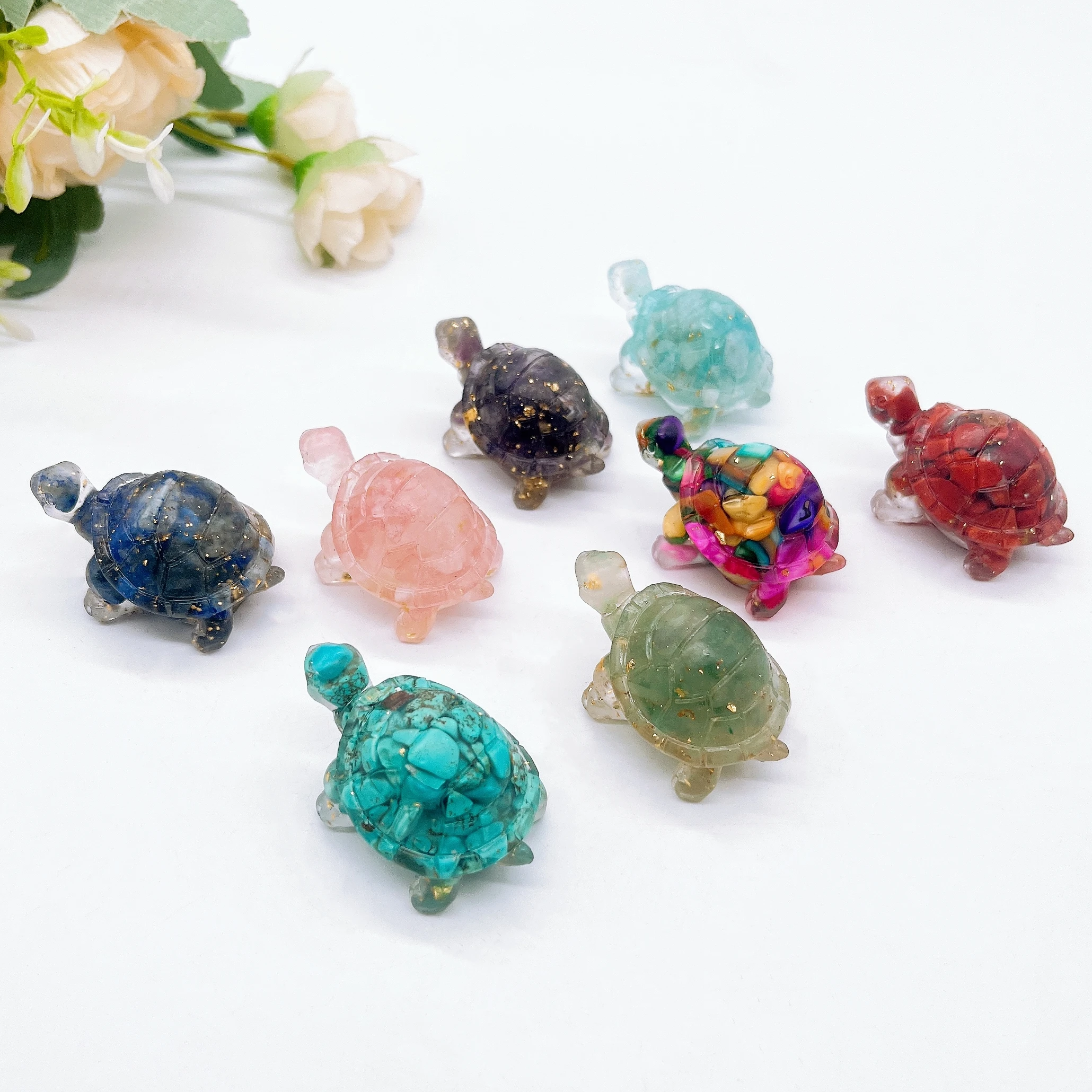 Natural Crystal Quartz Stone Gravel Resin Tortoise Statue Epoxy Turtle Figurine Animals Crafts Home Gaeden Decor Children Gift