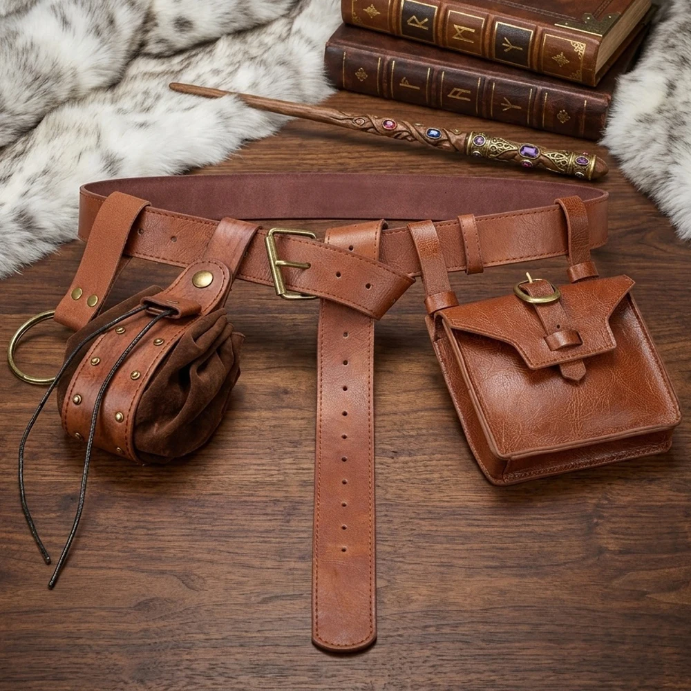 4pcs Medieval Viking Retro Leather Set Leather Belt with Fanny Pack Drawstring Coin Purse Hiking skirt Clip for Renaissance Fairs & Cosplay Party