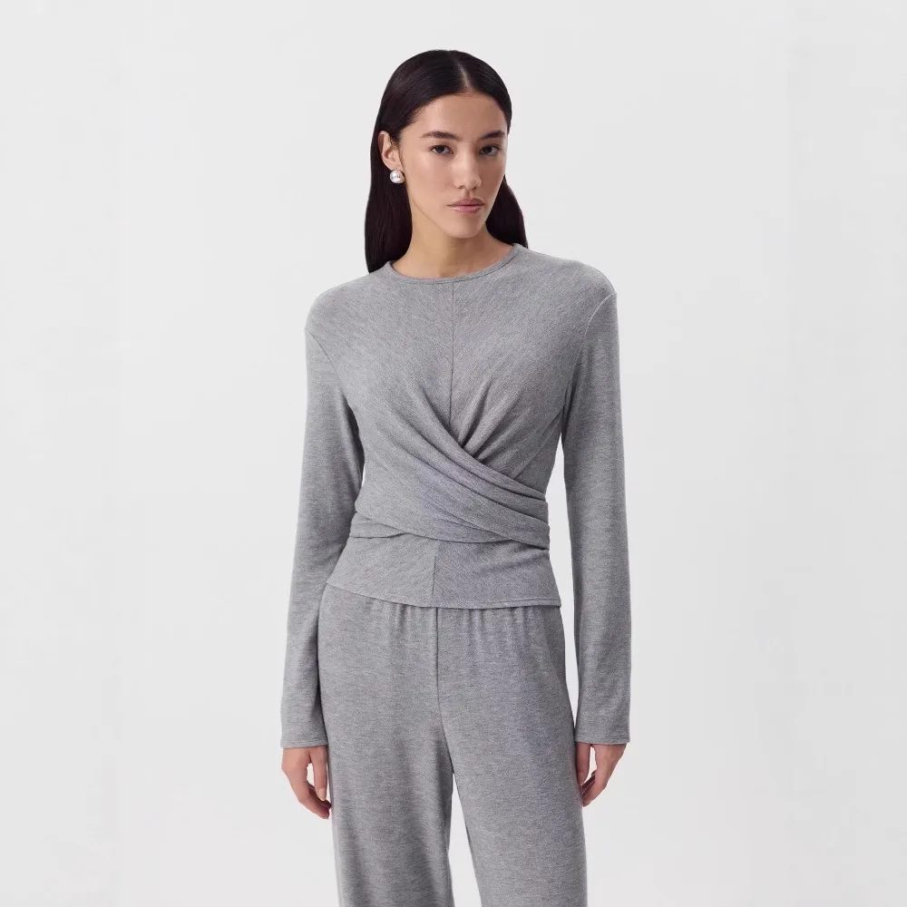 

Spring and Summer Women Soft Modal Home Pants Suit Elegant Solid Loose Wrinkle Strap O-Neck Long Sleeve Top Leg Tight Pants 2Pcs