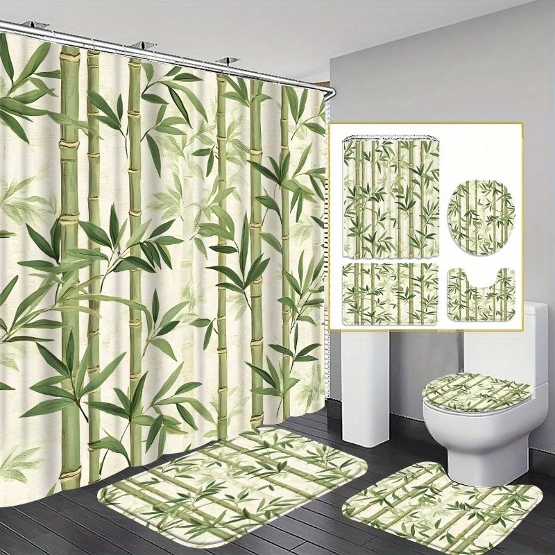 

4pc Green bamboo pattern bathroom set, shower curtain, U-shaped mat, non-slip mat, toilet seat cover.