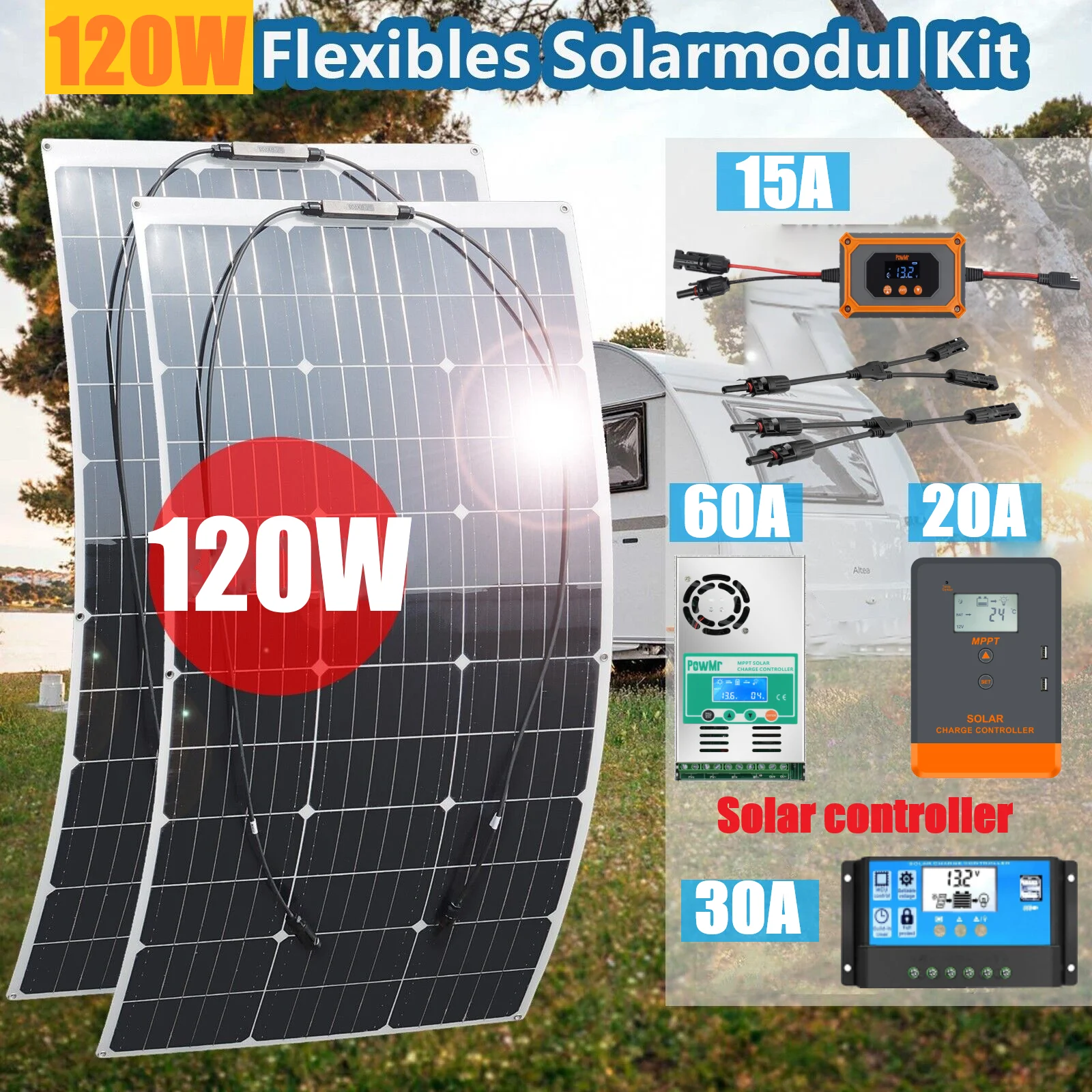 Elastyczny panel słoneczny 120W 12V Bateria słoneczna PWM 30A MPPT 15A 20A 60A Kontroler słoneczny Zestawy paneli słonecznych Domowe ogniwa