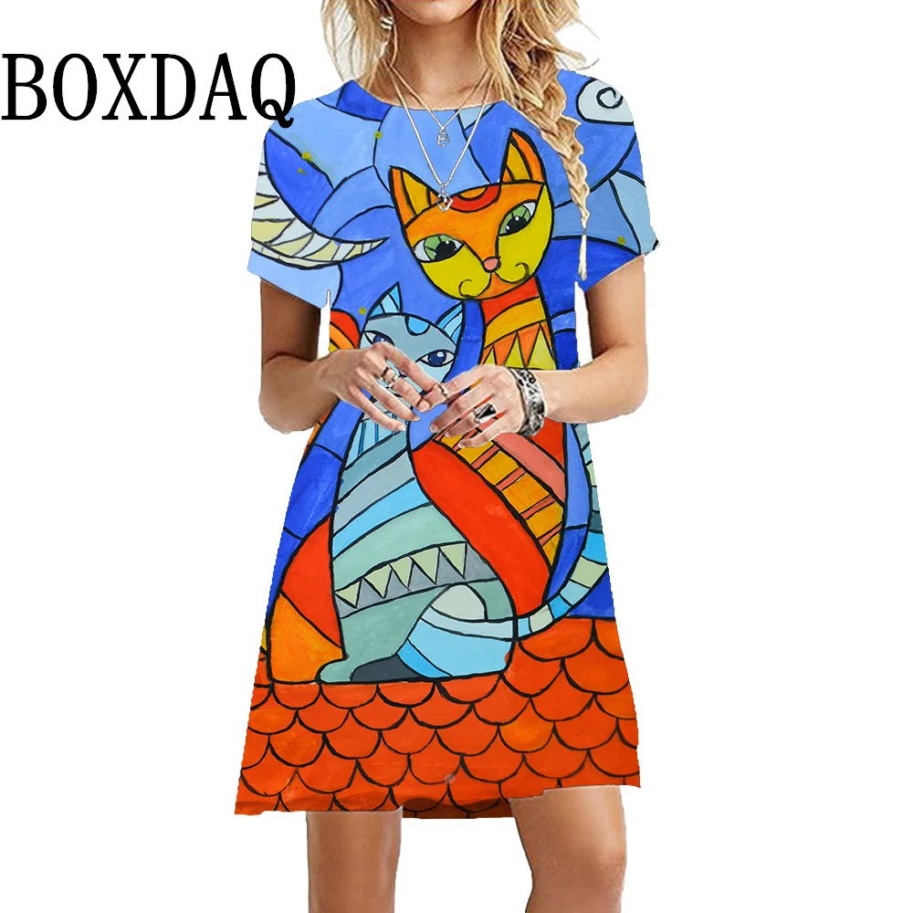 Pittura colorata Cat Dress Fashion Cute Party Kawaii Dress Print Mini Casual manica corta Pullover Summer Elegant Lady Dresses