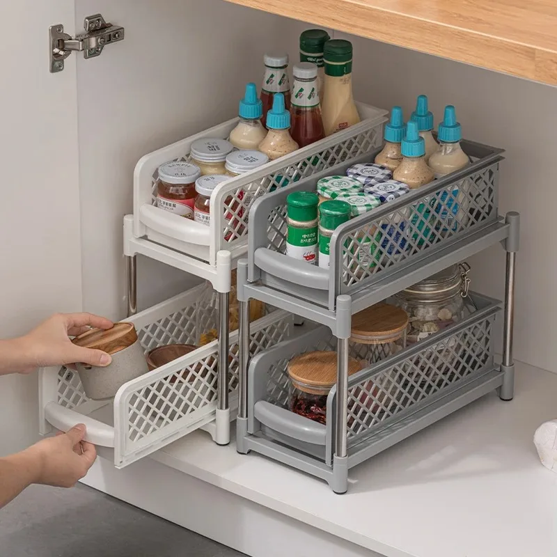 2 Layers Sliding Under Sink Organizer Kitchen Drawer Bathroom Storage Racks Multi-Use Handles Under Sink Cabinet Organizers