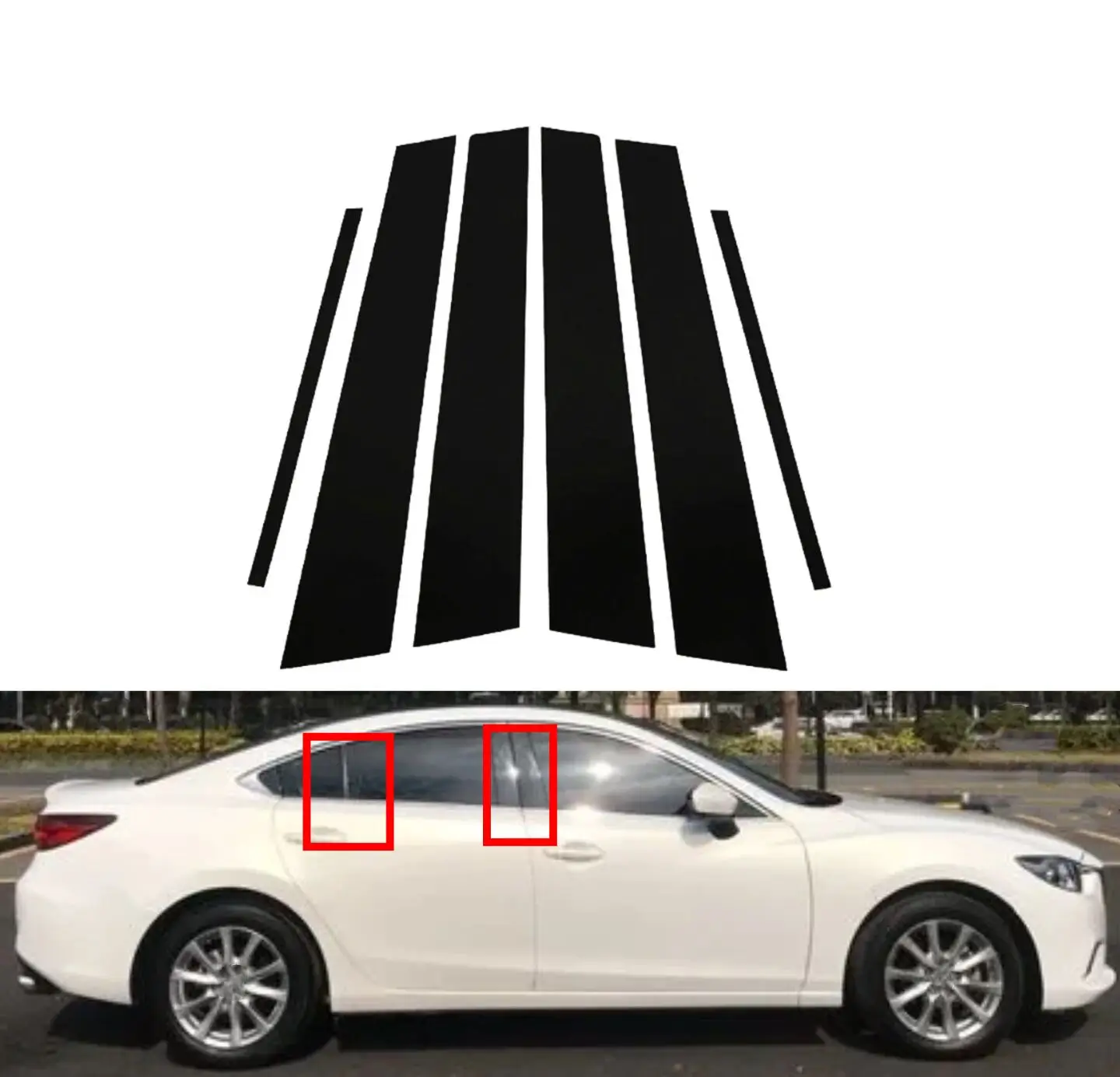 6PCS  Glossy Black Polished Pillar Posts For Mazda 6 2004 2005 2006 2007 2008 2009 2012 -2015 Window Door Moulding Trims Sticker