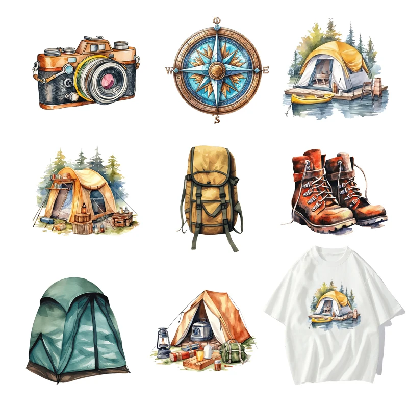 Watercolor outdoor camping camera backpack compass DTF Thermo Sticker Decals Heat Transfer On Clothes Iron On Patch For