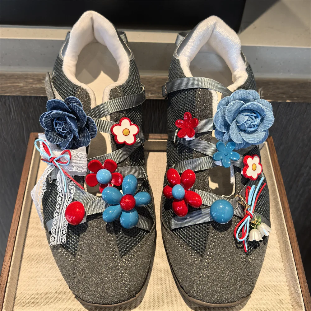 Shoe Lace Buckle Denim Fabric Red Blue Flower Bow Ballet Style for Sneakers German Trainer Decorative Charm Premium
