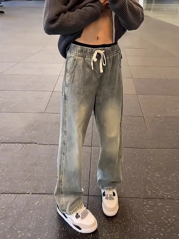 

Мужские зимние светло-голубые джинсы American High Street Vibe с широкими штанинами, свободного кроя, прямые, повседневные, свободные джинсы-трубы