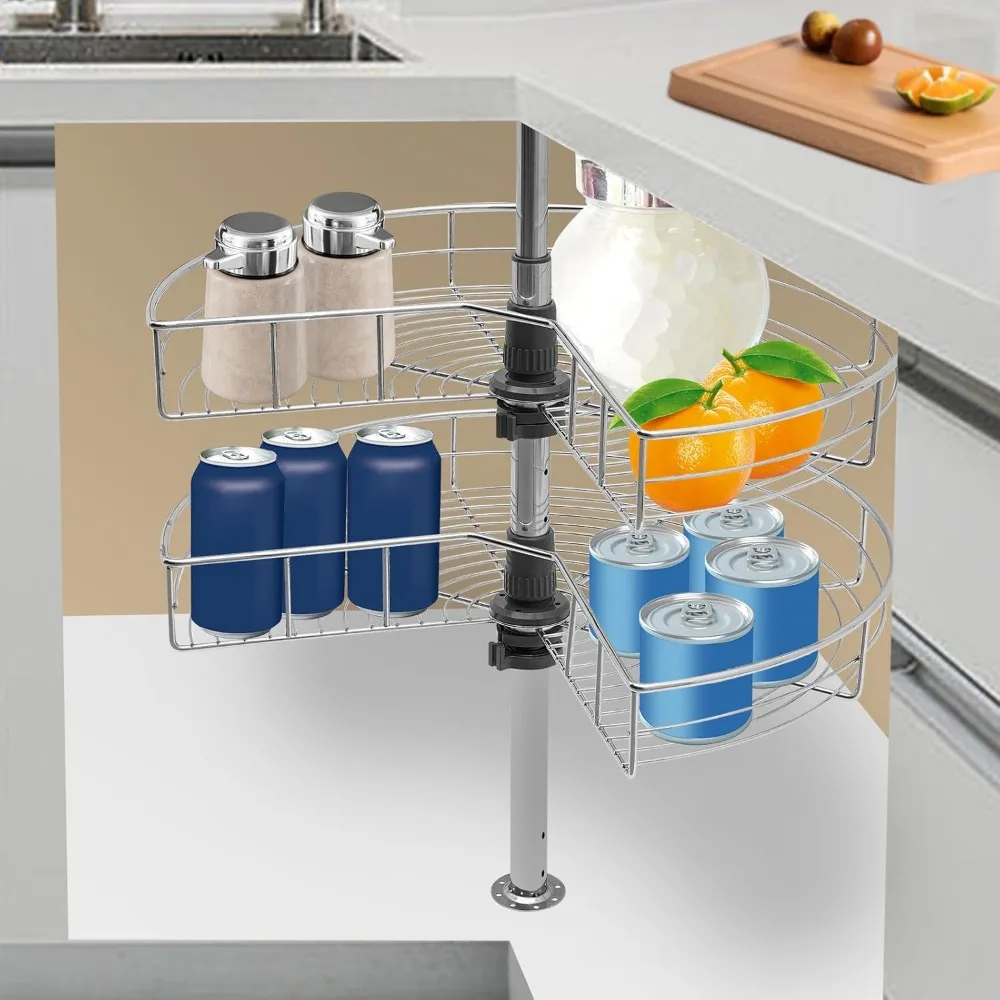 

Wire Kidney Shaped Organizer 2 Tier Kitchen Base Cabinet Mounted Rotating Blind Corner Organizer Rack for Pantry Kitchen Cabinet