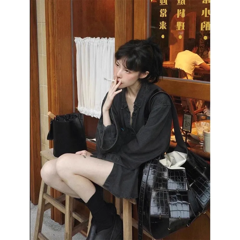 

Джинсовое пальто высокого качества с большим жемчугом, женское летнее хипстерское пальто с воздушными шариками и карманами Amekaji, легкое школьное сочетание на пуговицах