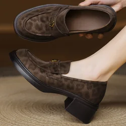 Women's leopard cow leather 5cm chunky heel platform slip-on loafers high quality soft comfortable causal female moccasins shoes