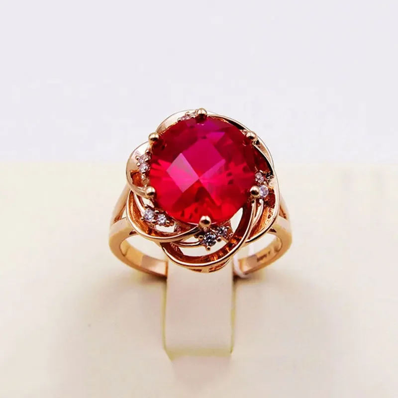 585 Purple 14K Rose Gold Inlaid Flower Ruby Rings For Women Adjustable Elegant Crystal Charm Wedding Engagement Jewelry