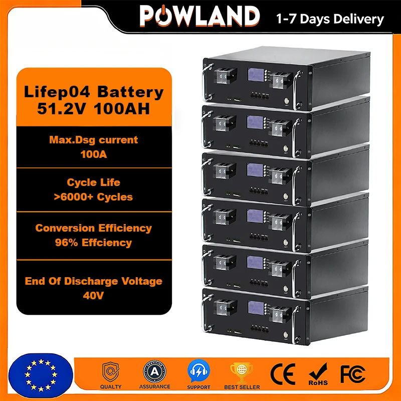 POWLAND 48V 100Ah Lithium-Eisenphosphat-Speicherbatterie 5kWh Integriertes 16S 100A BMS RS485 CAN-Bus für Haushalt, Solarstrom-Reserve, Wohnmobil und RV-Energiesicherung