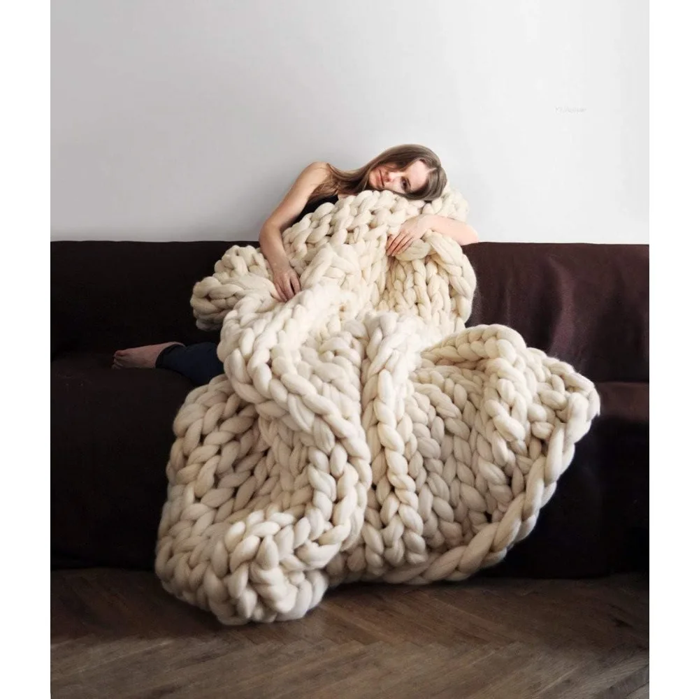 Chunky Knit Blanket Giant Throw Merino Wool Yarn Hand Made Bed Sofa Chair Mat