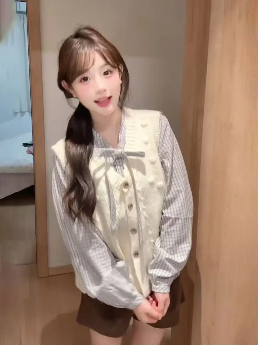 

Комплект одежды для студентов: модный жилет с V-образным вырезом и узлом, осенний наряд для учебы и работы