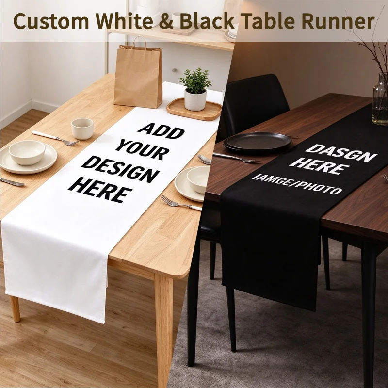 Custom 1pc Home Dining Black/ White Table Runner, 30cm Width Personalized Tablecloth, Holiday Party Festive Table Decoration