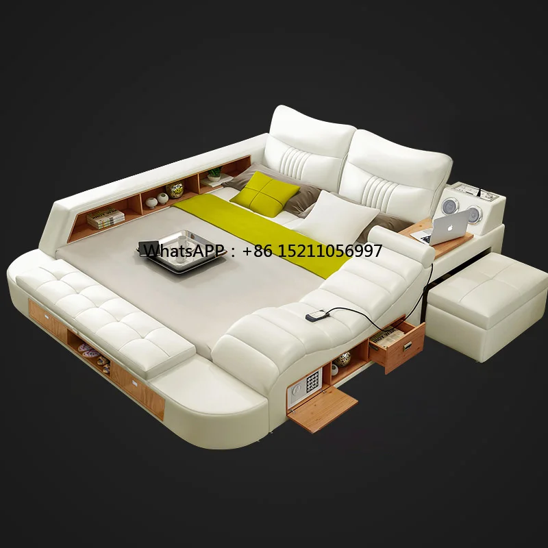 Double Multifunctional Sound Bed For Bedroom Room Best Selling modern Genuine Leather