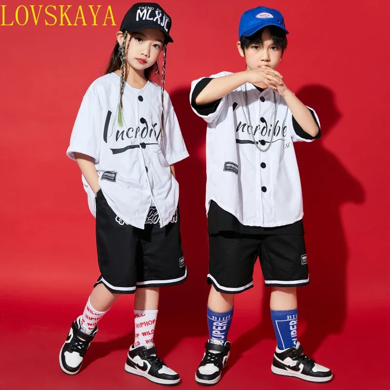 

Children's hip-hop clothing white top black shorts boys street dance clothing girls jazz dance cat step show clothing