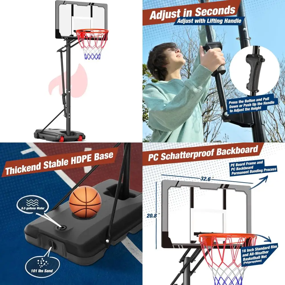 Adjustable Height Portable Basketball Goal System for Kids, 4-8.5 FT, Shatterproof 33 Backboard, Suitable for Ages 4-8
