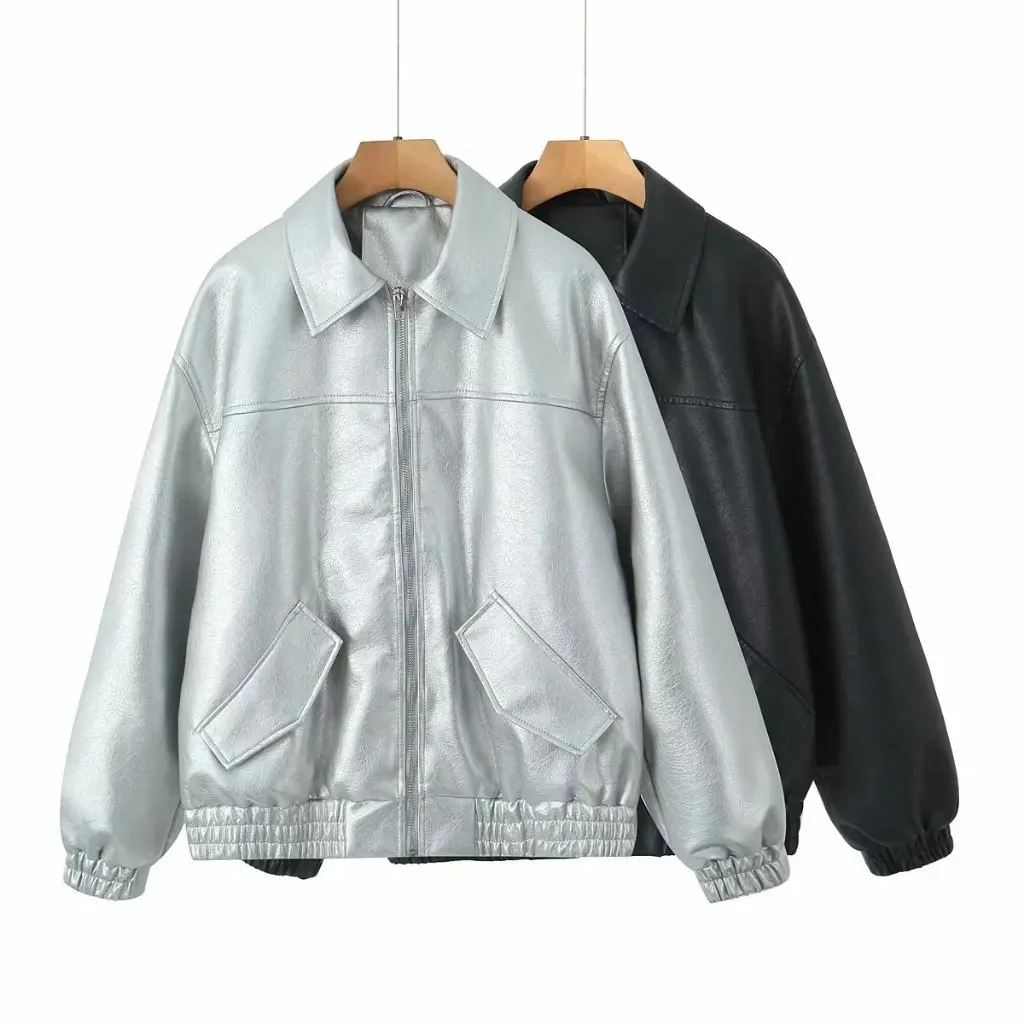 Jaqueta de couro grande feminina outono retro estilo americano high-end rua-frito estilo hong kong couro do plutônio bonito outerwear