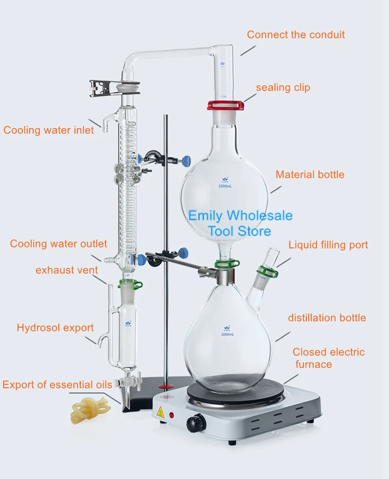 1000/2000ml Essential Oil Extraction Separator Device a full set of Hydrosol Distillation Equipment Graham Condenser