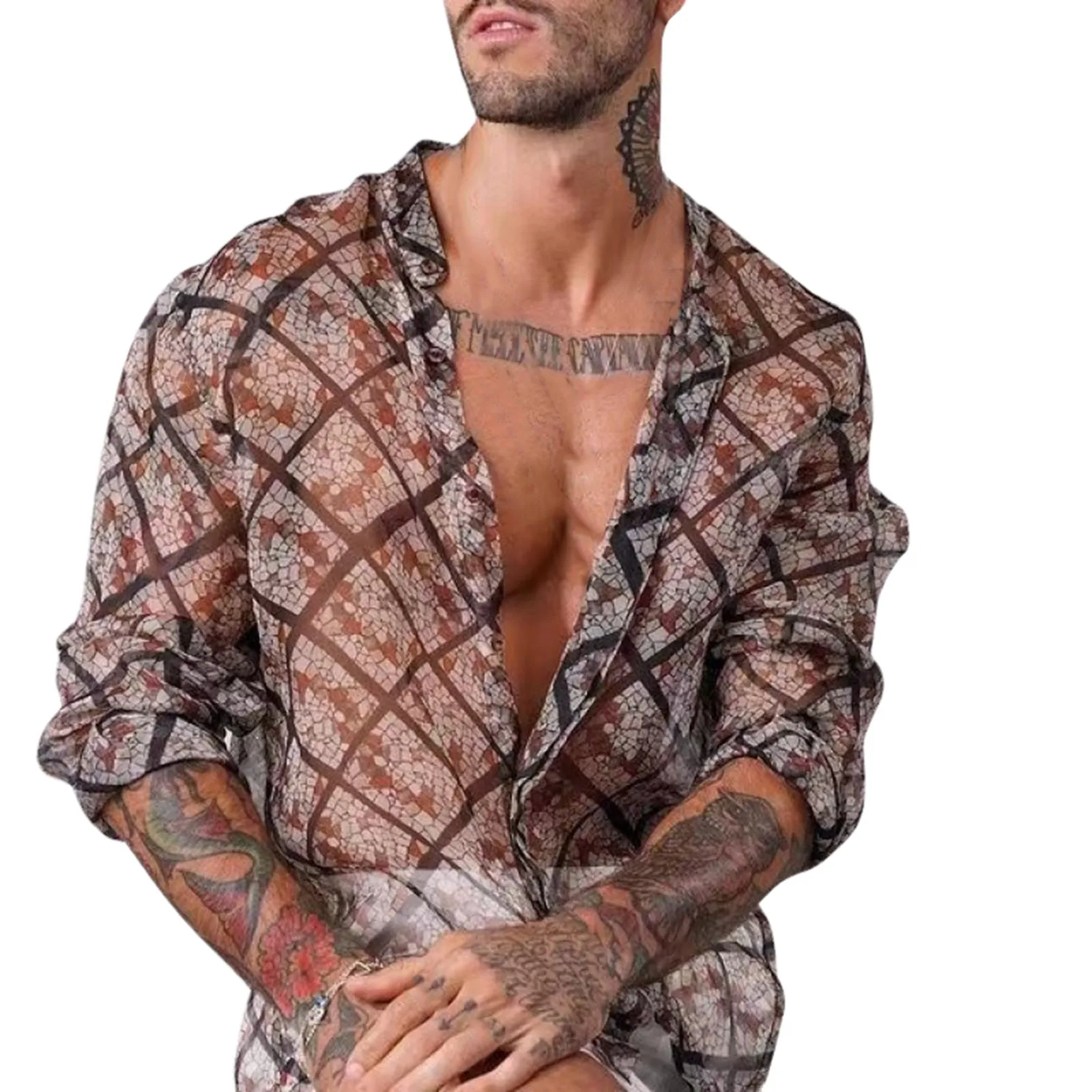 Men's Casual Dense Screen Printed Breathable Fitted Shirt Handsome Men Camisas De Hombre Streetwear