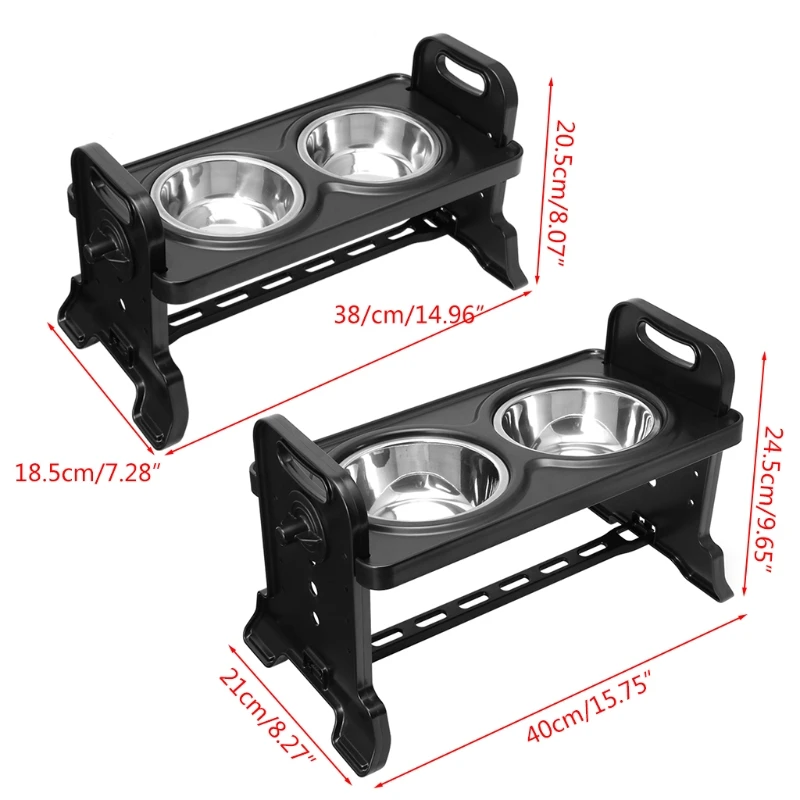 Elevated Double Dog Bowls Adjustable Height Foldable Pet Feeding Dish