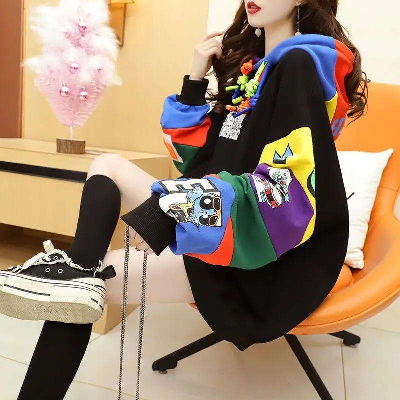 Women's Autumnwinter New Hooded Print Patchwork with Contrasting Colorscasual Versatile Long Sleeved Loose Mid Length Hoodie