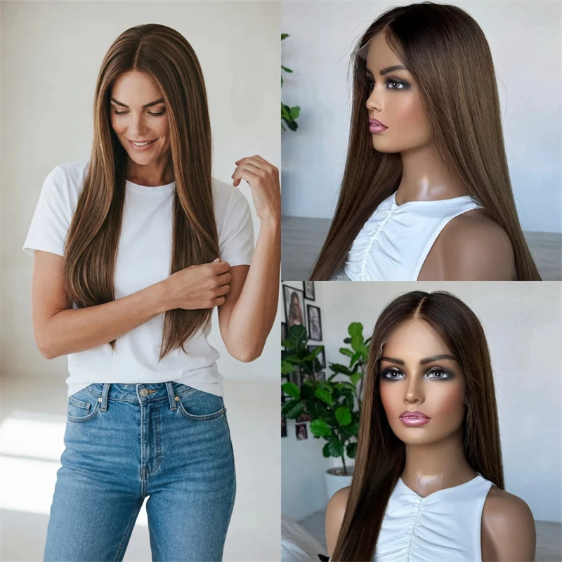 

30 Inch Spuer Long Straight Wig Ombre Chestnut Brown Long Length Wig Synthetic Lace Front Wig 150% Density Small Large Size Cap