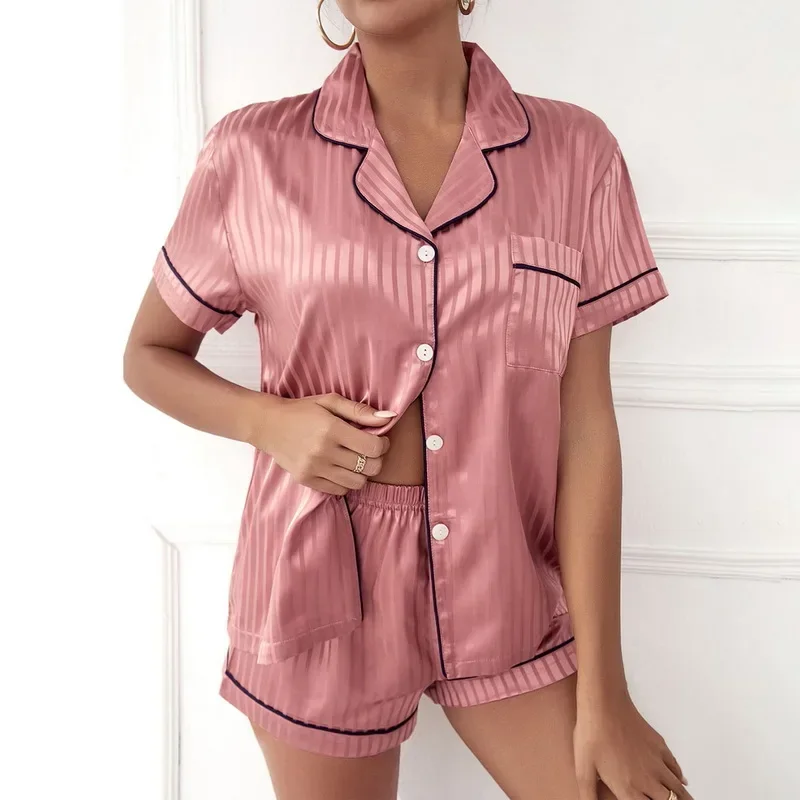 2024 Women Sleepwear Summer Pajama Set  Turn Down Collar Faux Silk Satin Short Sleeve Top+Shorts Female Pijama Homewear Suit