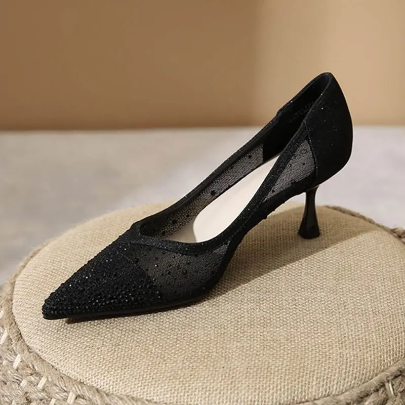 Slip-On High Heel Sandals - Crystal Breathable Pointed Toe Stiletto Heels,French Elegant Stunning Women‘s Sandals view 5
