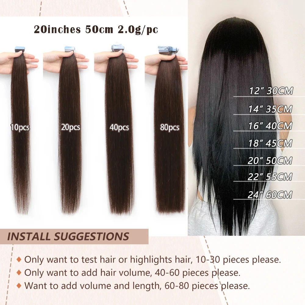 Mini extensões de cabelo humano com fita adesiva, lado duplo, invisível, sem costura, natural, reto, preto, marrom, loiro, 10pcs, conjunto