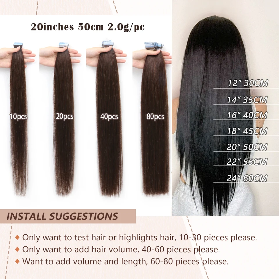 Mini Extensiones de Cabello Humano con Cinta Adhesiva, Doble Cara, Invisibles y Sin Costuras, 10 Piezas por Set, Negro, Castaño, Rubio Natural 4