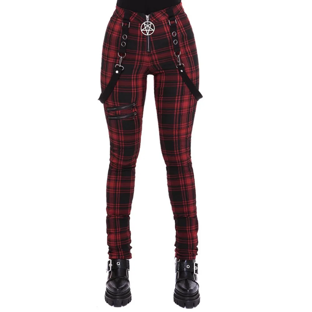 Damen Clown Cosplay Karierte Hochgeschnittene Gothic Punk Hosenträgerhose Mittelalterliche Hip-Hop Streetwear Kostüme Reißverschluss Y2k Hosen