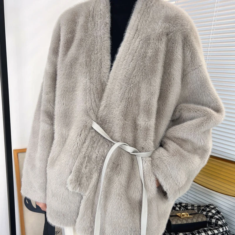 Winter Outfits for Women V-Neck Lace-Up Bathrobe Faux Fur Coat Loose Fashion Medium to Long Coffee/White/Apricot Mink Fur Jacket