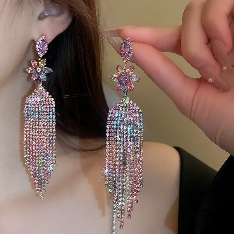 Shiny Colorful Crystal Earrings for Women Long Tassel Rhinestone Dangle Earrings Ladies Bride Weddings Jewelry