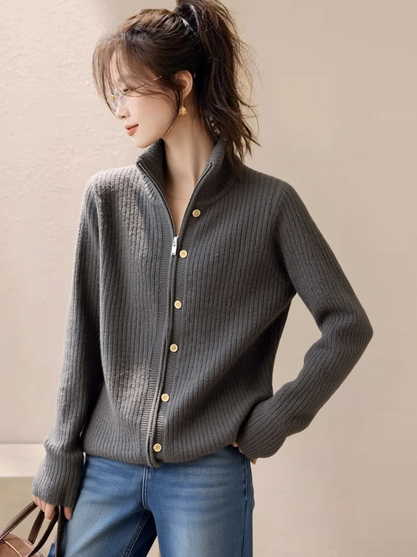 الشتاء الكورية Sle سترة مشغولة من الصوف سستة طويلة Sve ey الراقية تخفيف المرأة Faion Ele ملابس خارجية #1