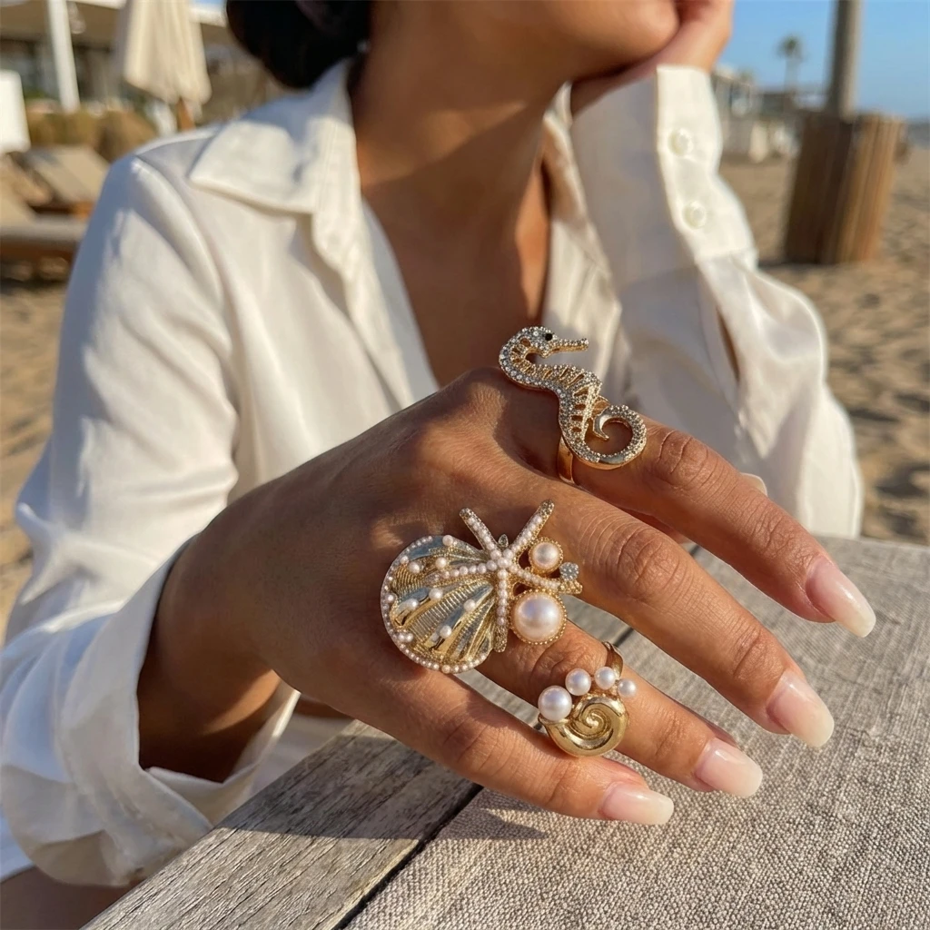 

Ocean Style Starfish Seahorse Conch Shell Imitation Pearl Ring 3-Piece Set Creative Exaggerated Beach Vacation Style Ring