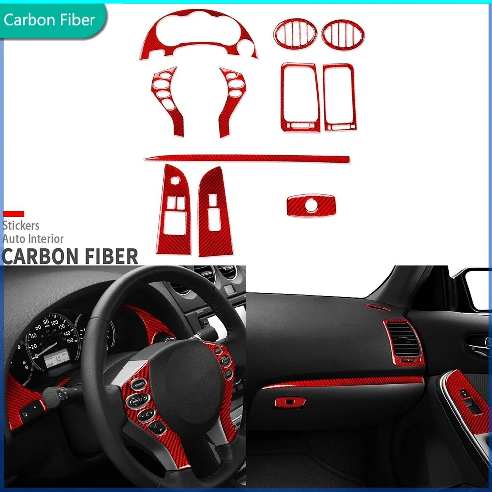 

13Pcs Red Carbon Fiber Interior Dash Steering Wheel Window Lift Vent Trim Kits For Nissan Altima Teana 2008 2009 2010 2011 2012