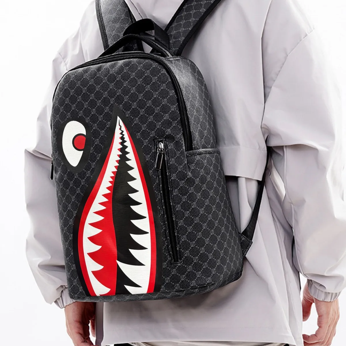 حقيبة ظهر رجالية مستوحاة من القرش - حقيبة نهارية كاجوال للأعمال بسعة كبيرة، حقيبة مدرسية جامعية أنيقة للحرم الجامعي