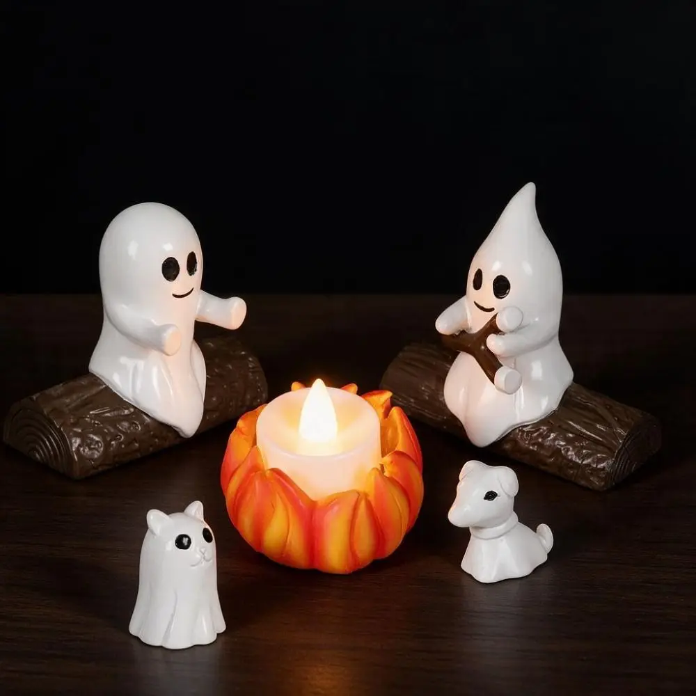 5PCS Resin Halloween Ghost Campfire Dog Cat Statue LED Candle Cartoon Ghost Campfire Gathering Night Light 3D Mini