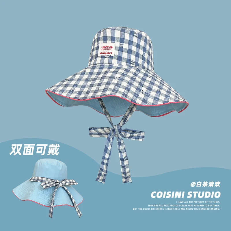 Korean Sweet Versatile Double-sided Big Brim Bucket Hat Summer Outing Sun Protection Retro Color Matching Plaid Women's Cap