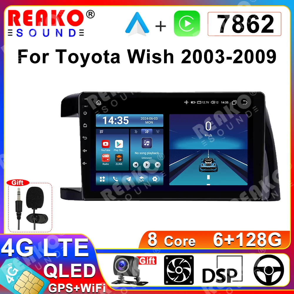 

REAKOSOUND 10" 2din Autoradio Andorid 14 Car Radio For Toyota Wish 2003-2009 Multimedia Player GPS Wireless CarPlay Andorid Auto