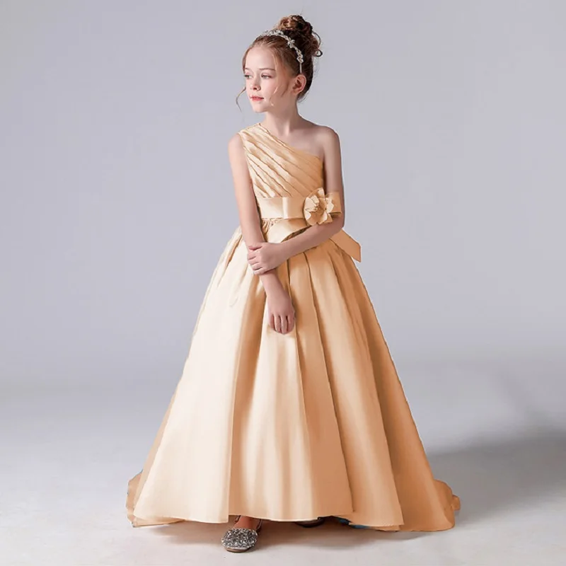 Champagne Satin Flower Girl Dresses for Weddings One Shoulder Princess First Communion Pageant Evening Party Birthday Prom Gowns