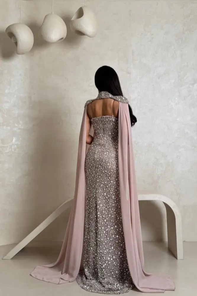Jirocum Pink Mermaid Prom Dresses Shawl Cape Crystal Beaded Strapless Women Formal Occasion Party Dresses Customized