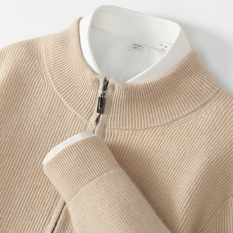 100% pure wool sweater men's stand collar thread thick zipper cashmere sweater cardigan autumn and winter knit shirt